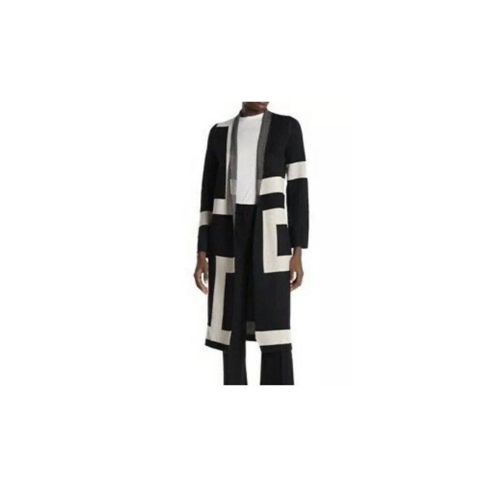 Vertigo Womens Open Front Duster Sweater Black Geometric Acrylic Blend Size XS